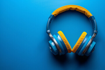 Trendy headphones, blue and yellow, on blue
