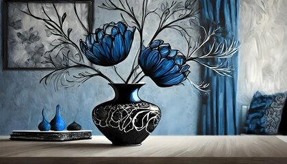 Vase, flowers, illustration, room, background, wallpaper, design, vector, nature, night, art, visual art, black, blue, leafs,