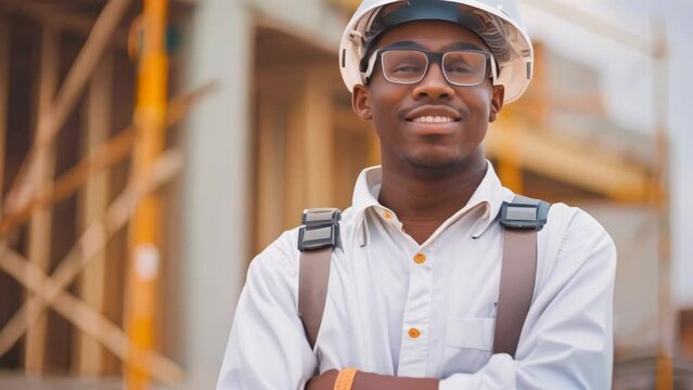 Happy young construction worker with white helmet and glasses at a building site. Engineering and architecture concept