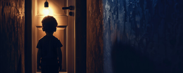 Child's silhouette framed by a doorway their figure illuminated by the harsh glow of a flickering light bulb.