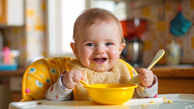 Baby eating messy food in highchair with yellow bowl and spoon. 
