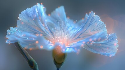   A tight shot of a blue bloom, adorned with water beads on its petals, against a softly blurred backdrop