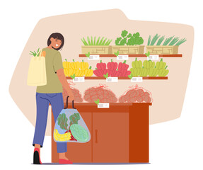 Young Woman Character With An Eco Bag Carefully Selects Sustainable Products In A Market Store, Vector Illustration