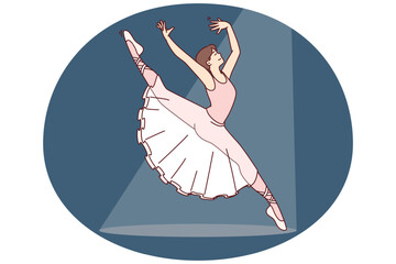 Woman ballerina jumping performs dance on stage of ballet theater performing with crown number in front of audience. Girl ballerina in spotlight is dressed in snow-white dress for classical ballet