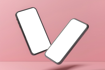 Two smartphones with blank screen flying mockup on pink background. Smartphones levitation in the air. Business infographic mockup of web site or design app.