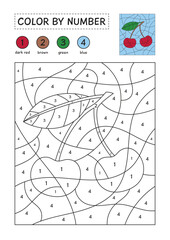 Coloring page with a picture of cherries to color by numbers. Puzzle game for children education. Simple coloring for kids