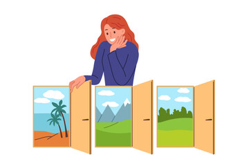 Woman traveler makes travel plan and chooses place to relax, stands near door with beach or mountains. Girl from travel agency offers options for active and passive recreation for clients