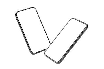 Two smartphones with blank screen flying in antigravity mockup isolated on white background. Smartphones levitation in the air. Business infographic mockup of web site or design app.