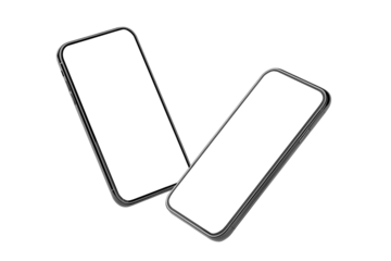 Two smartphones with blank screen flying in antigravity mockup isolated on white background. Smartphones levitation in the air. Business infographic mockup of web site or design app.