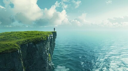 A solitary figure standing at the edge of a cliff, contemplating the vastness of the ocean below, - obrazy, fototapety, plakaty