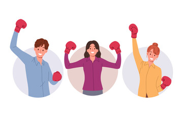 Business people in boxing gloves sense leadership ambitions and raise hands up, rejoicing in achieving goals. Three happy office workers celebrate joint victory due to career ambitions.