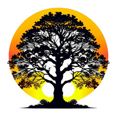 Black silhouette of a tree against African sunset. Transparent background. PNG. Concept of tourism, Africa, eco, wilderness