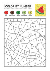 Coloring page with a picture of a slice of watermelon to color by numbers. Puzzle game for children education. Simple coloring for kids