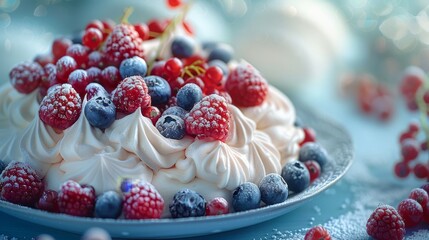   A tight shot of a cake on a plate, adorned with berries and blueberries atop, and more berries nestled beneath