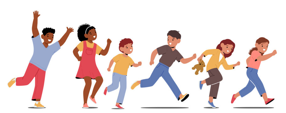 Children Sprinting Joyfully With Laughter, Excitement And Freedom, Exude Innocence In Motion Cartoon Vector Illustration