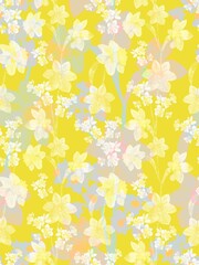 Seamless pattern, ornament with hand-drawn daffodils, colored pencils and a simple pencil were used. Spring sketch. Suitable for interior, wallpaper, fabrics, clothing, stationery.