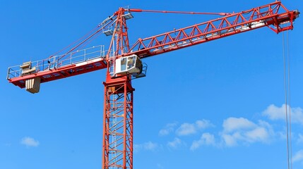 Crane and uncompleted building on construction site with blue sky background for text - obrazy, fototapety, plakaty
