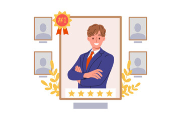 Man became best employee of month in corporation thanks to hard work and professional achievements. Portrait of best employee who distinguished himself in completing assigned task.