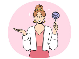 Smiling woman with crown and jewelry holding lollipop in hands. Happy girl in stylish clothes and accessories with candy in hand. Vector illustration.