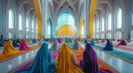 Colorful Worshipers in Mosque Praying Together
