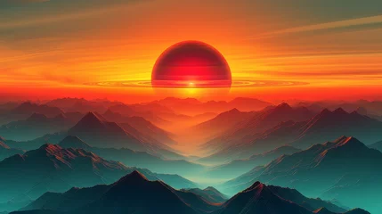 Fotobehang   A sunset painting featuring an orange sun hovering above a mountain range The sky is filled with hues of red, orange, and pink as the sun sets Mountains, in various sh © Anna