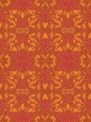 Seamless pattern, ornament with openwork symmetrical volumetric lace, created in the style of applique or embroidery on fabric, plain on a colored background. Suitable for interior, wallpaper, fabrics