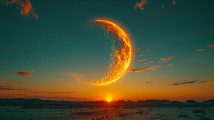   A crescent-shaped object lies in the western sky, framing the sun as it sets Clouds scatter the horizon, while mountains define the backdrop - obrazy, fototapety, plakaty