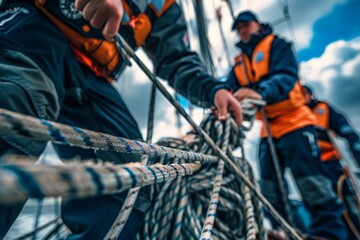 Team of Sailors Working on Sailboat Rigging - obrazy, fototapety, plakaty