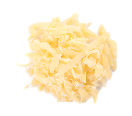 Pile of tasty grated cheese isolated on white, top view