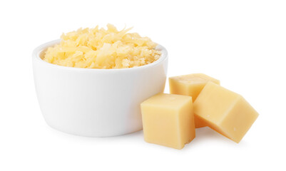 Grated cheese in bowl and pieces of one isolated on white