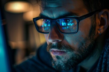 Serious Man Concentrating on Computer Task in Dark Room