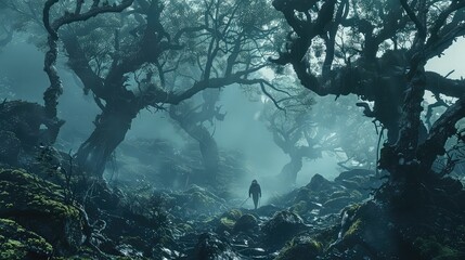 A solitary traveler trekking through a misty forest, the ancient trees shrouded in fog creating an ethereal atmosphere, - obrazy, fototapety, plakaty