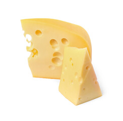 Pieces of delicious cheese isolated on white