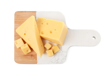Piece of delicious cheese isolated on white, top view