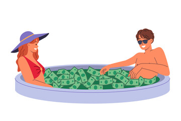 Wealthy couple swims in pool filled with money, enjoying luxury of high investment returns. Wealthy man tries to charm woman by boasting of big profits from business or salary from corporation