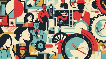 poster featuring iconic symbols for labor rights achievements like a eight-hour day, a minimum wage and a workplace safety