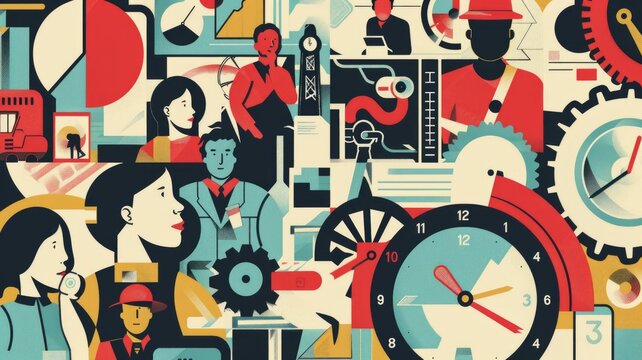 poster featuring iconic symbols for labor rights achievements like a eight-hour day, a minimum wage and a workplace safety