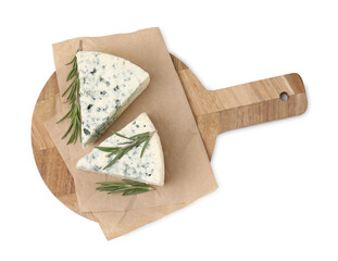 Tasty blue cheese with rosemary isolated on white, top view