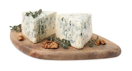 Tasty blue cheese with thyme and walnuts isolated on white