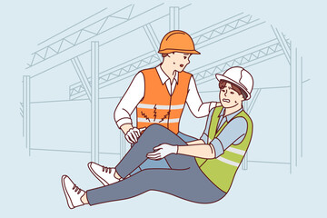 Construction worker helps colleague broke leg and was injured at work due to safety violation. Man in construction uniform needs doctor help and compensation after incident while working. - 785553952