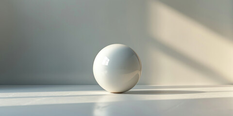 White egg on table with sunlight coming through window in front of white wall