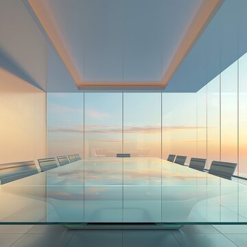 Empty boardroom with glass table reflecting sky, minimalist and serene, large space on wall for text.