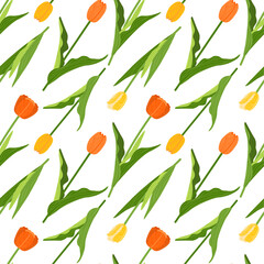 Seamless pattern of colorful tulips with green leaves on a white background. Hand-drawn flat vector illustration.