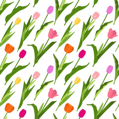Seamless pattern of colorful tulips with green leaves on a white background. Hand-drawn flat vector illustration.