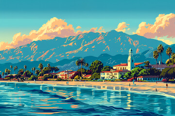 Santa Barbara flat vector city skyline illustration - obrazy, fototapety, plakaty