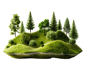 3D piece of green island with trees and rock isolated on transparent background.