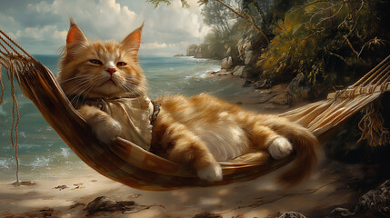 cat is lying on a hammock in the sea resting