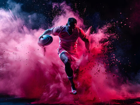 A rugby player runs with a ball through colored dust. AI generated.  - Powered by Adobe