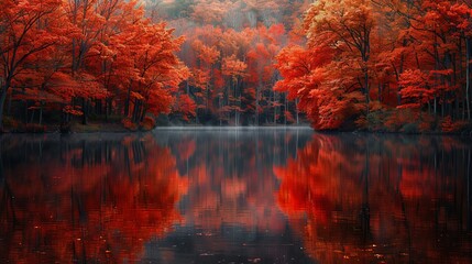 Autumn Leaves: A photo of a lake surrounded by trees with leaves in shades of red and orange