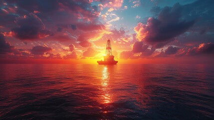Offshore Oil Rig Drilling Platform at Sunset - obrazy, fototapety, plakaty